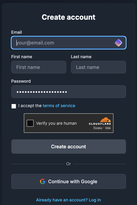 Create account form